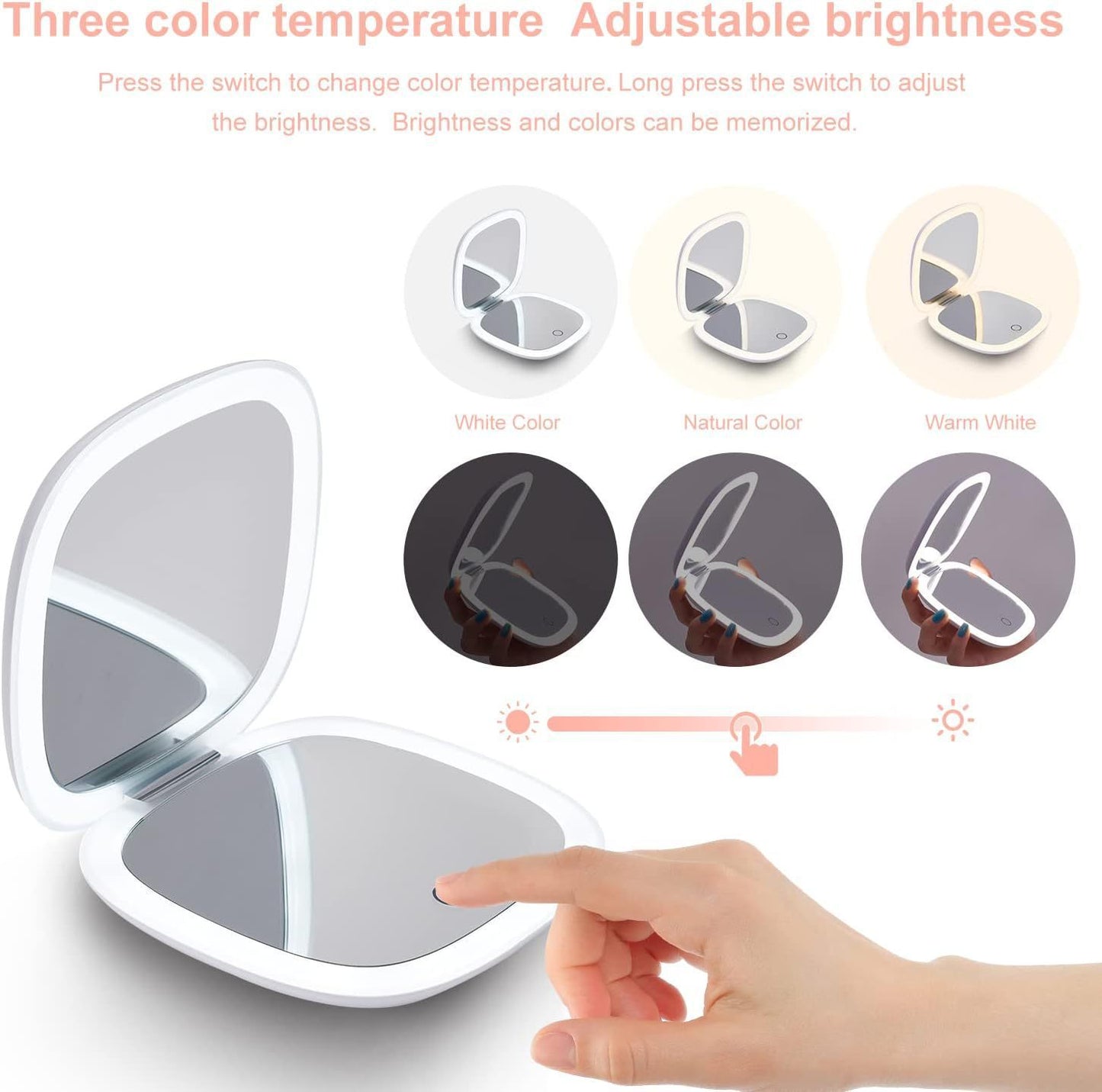 Portable Make Up Mirror - Handheld, LED 2 Bright Lights